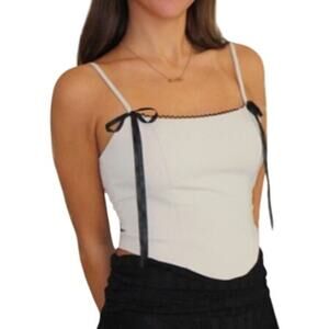 Le Lis Coquette Corset Top Bows Lace Up Back Tank Top Size Medium Beige Black